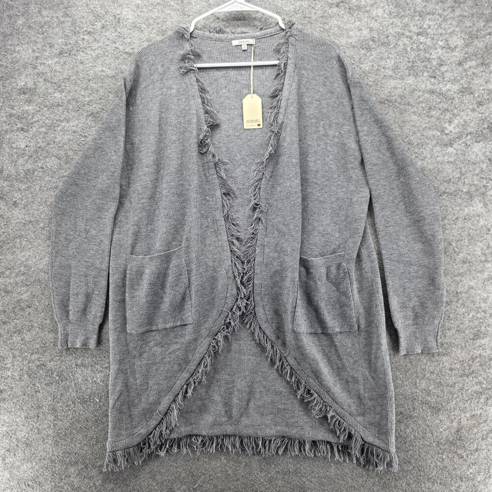 JODIFL Cardigan Womens Small Gray Longline Fringe Open Front Knit Sweater Cozy